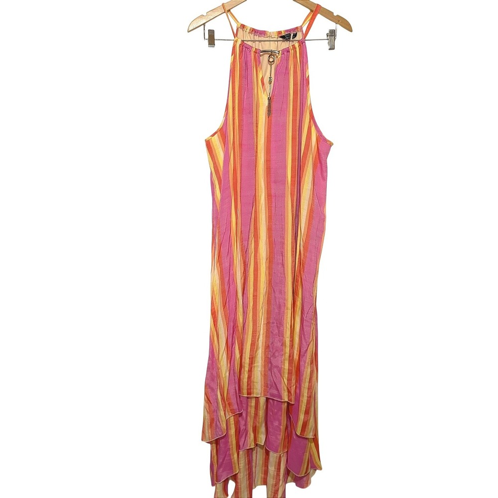 Mlle Gabrielle Pink Orange Striped High-Low Maxi Dress‎ Tassel Halter 3X